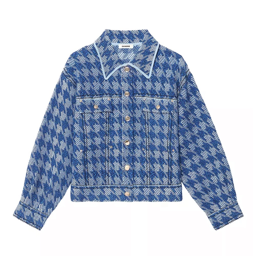 Sandro Balthazar Cropped Houndstooth Jacket in Blue